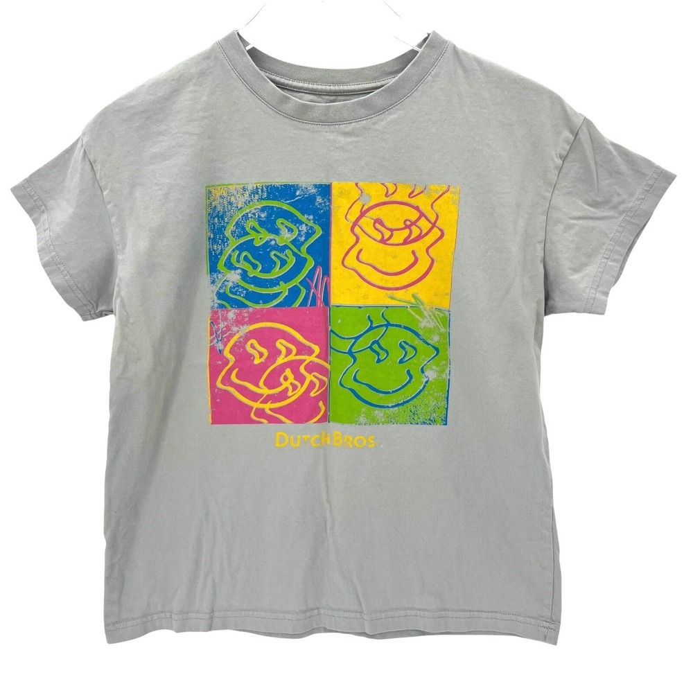 Dutch Bros Coffee Shirt Women Size S Graphic Smiley Faces Short Sleeve Blue Gray